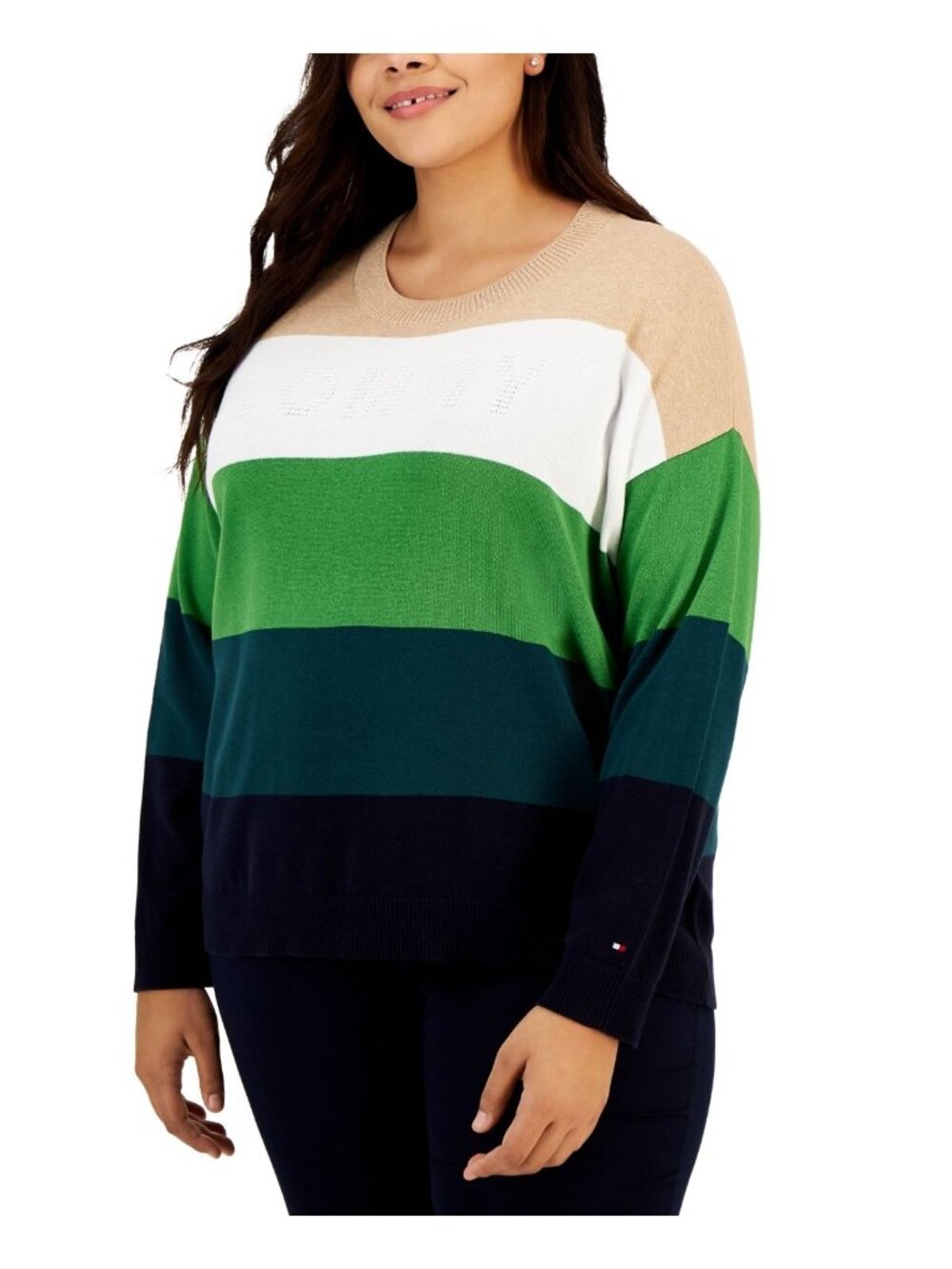 Tommy Hilfiger Womens Plus Colorblock Logo Crewneck Sweater Green Size 3X NWT